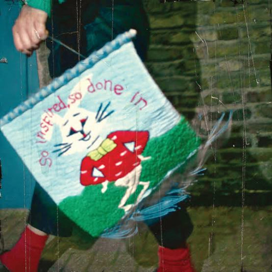 Person holding a colorful embroidered pillow with a cat design and text.