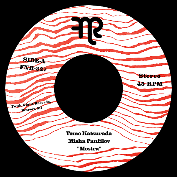 Vinyl record label with red and white wavy pattern, black text, and a logo.