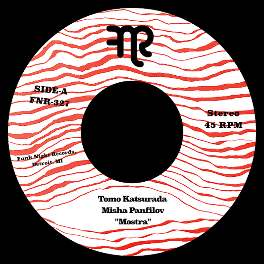 Vinyl record label with red and white wavy pattern, black text, and a logo.