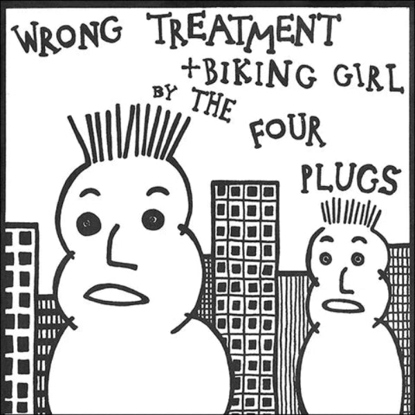 Two drawn black and white  figures with spiky hair standing in front of a city scape.