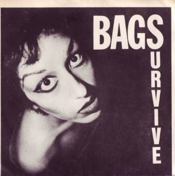 Album cover for Bags Survive, featuring a high-contrast black and white close-up portrait of a woman's face with bold white text reading 'BAGS SURVIVE' on a dark background.