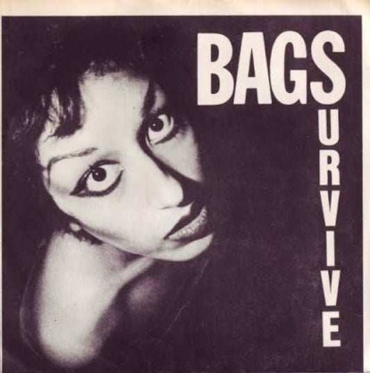 Album cover for Bags Survive, featuring a high-contrast black and white close-up portrait of a woman's face with bold white text reading 'BAGS SURVIVE' on a dark background.