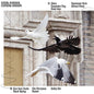 Two birds flying in front of a stone building with text overlay.
