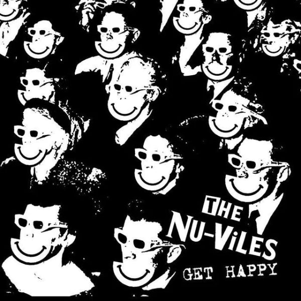 Black and white graphic print featuring a collage of stylized faces wearing sunglasses and smiling, with the text 'THE NU-VILES GET HAPPY' in the lower right.