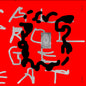 Abstract art with black, white, and gray shapes on a red background